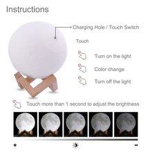 Load image into Gallery viewer, Moon Lamp 3D Print Usb 3 Color Tap Control Change Remote LED Night Light Gift
